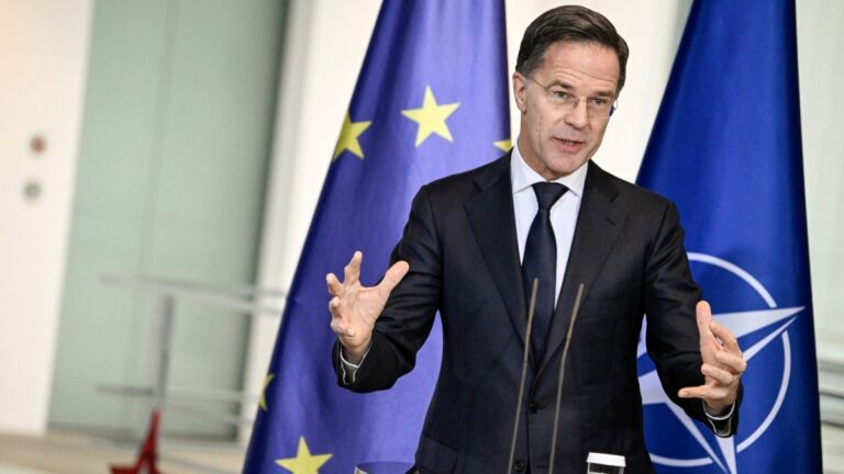 NATO General Secretary Mark Rutte speaks during a press conference with the German Chancellor (unseen) after talks at the Chancellery on December 11, 2025 in Berlin.