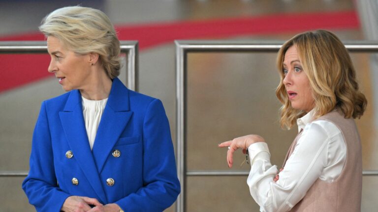 Italy’s Prime Minister Giorgia Meloni (R) with President of the European Commission Ursula von der Leyen in Brussels on October 16, 2024