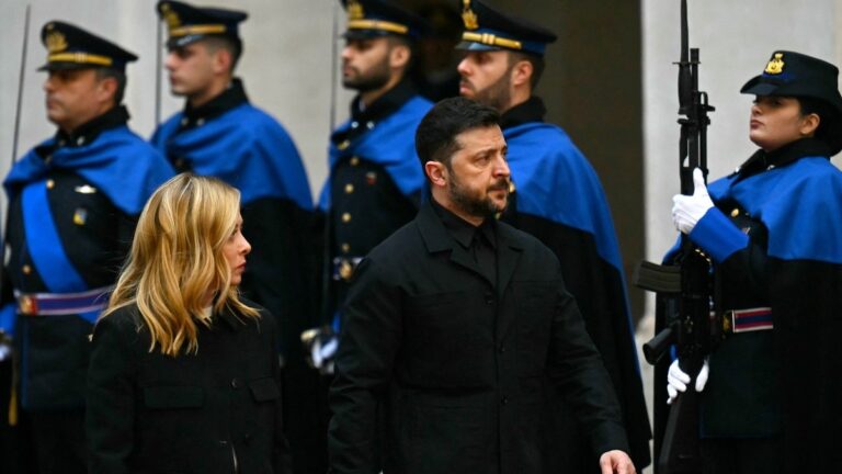 Ukrainian President Volodymyr Zelensky is received by Italian Prime Minister Giorgia Meloni at the Palazzo Chigi in Rome prior to their meeting on December 9, 2025.