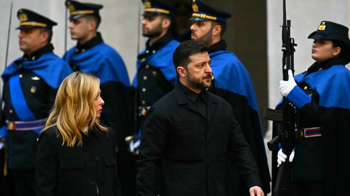 Ukrainian President Volodymyr Zelensky is received by Italian Prime Minister Giorgia Meloni at the Palazzo Chigi in Rome prior to their meeting on December 9, 2025.
