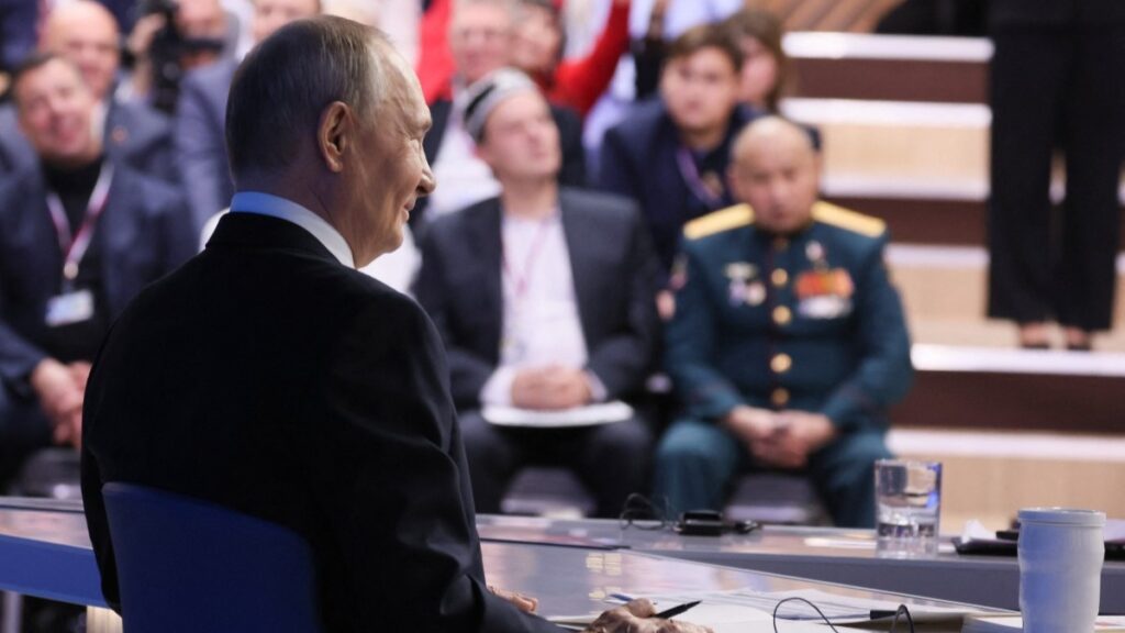Russia’s President Vladimir Putin holds his annual end-of-year press conference in Moscow on December 19, 2025.