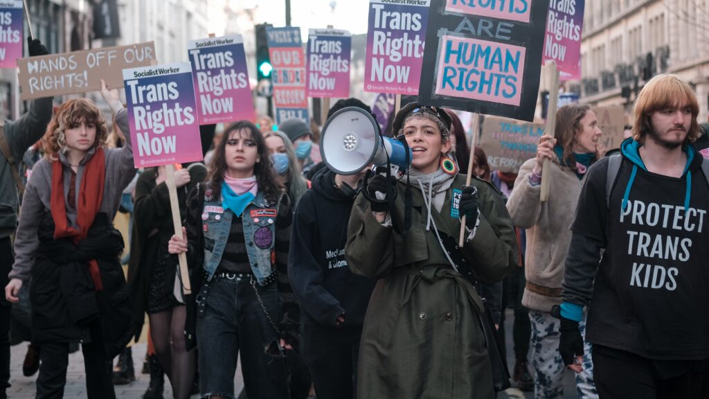 Trans rights activists march in London on January 21, 2023.