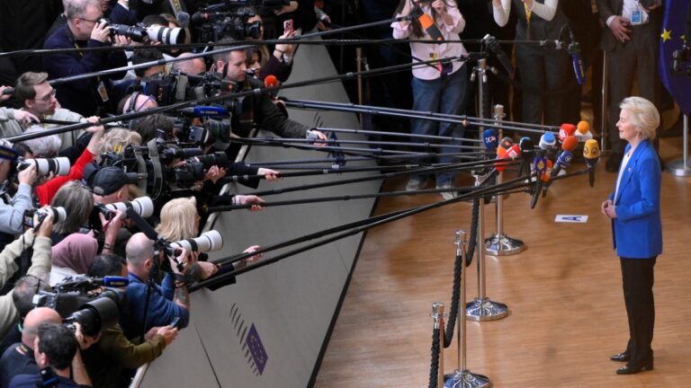 European Commission President Ursula von der Leyen speaks to the press as she arrives to attend the European Council meeting in Brussels on December 18, 2025.