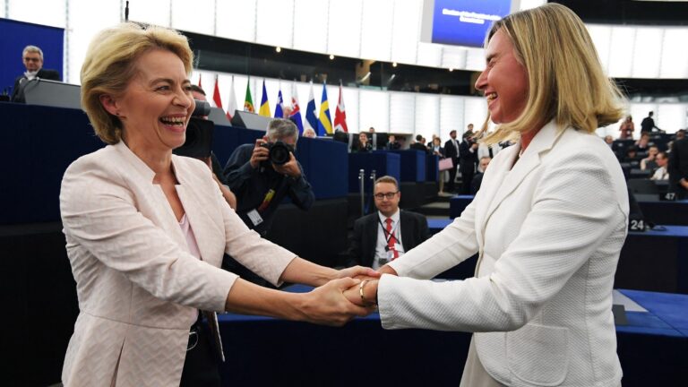 Newly elected European Commission President Ursula von der Leyen is congratulated by European Union High Representative for Foreign Affairs and Security Policy Federica Mogherini (R) after a vote on her election at the European Parliament in Strasbourg, France on July 16, 2019.