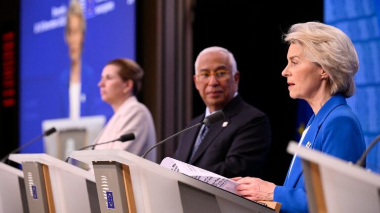 European Commission President Ursula von der Leyen (R) speaks as European Council President António Costa (C) and Denmark's Prime Minister Mette Frederiksen listen during a press conference after the European Council meeting in Brussels, Belgium on December 19, 2025.