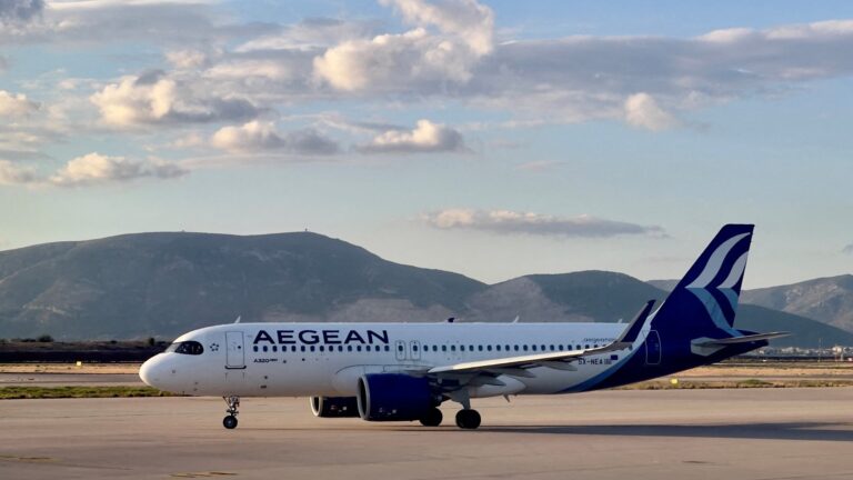 An Aegean airlines Airbus A320 is seen on the tarmac in Athens International Airport, on October 5, 2022.
