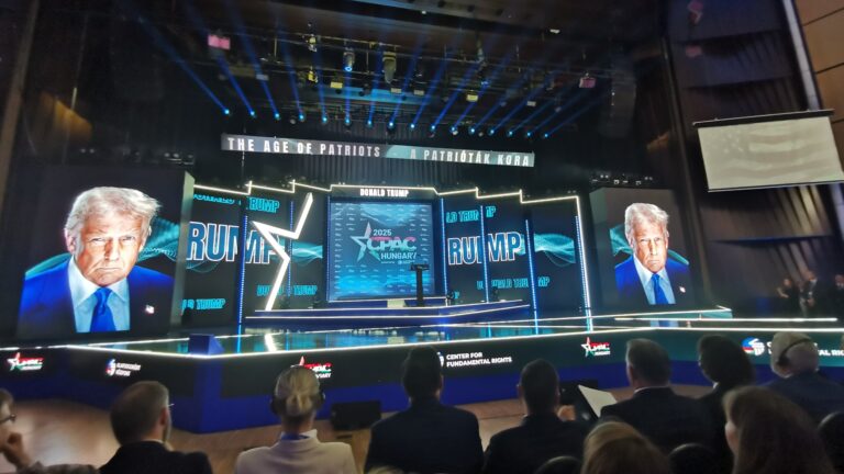 The central stage at CPAC Hungary 2025 during U.S. President Donald Trump's video message