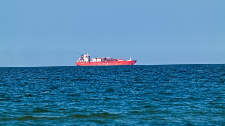 LNG tanker in the Bay of Pomerania seen from the Sellin beach in Germany in May 2023