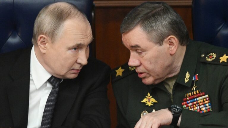 Russia’s President Vladimir Putin and Chief of the General Staff Valery Gerasimov attend an expanded meeting of the Russian Defence Ministry Board at the National Defence Control Centre in Moscow on December 17, 2025.