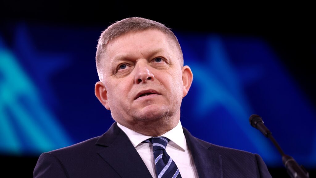 Slovak Prime Minister Robert Fico speaks at the CPAC at National Harbor, Maryland in 2025