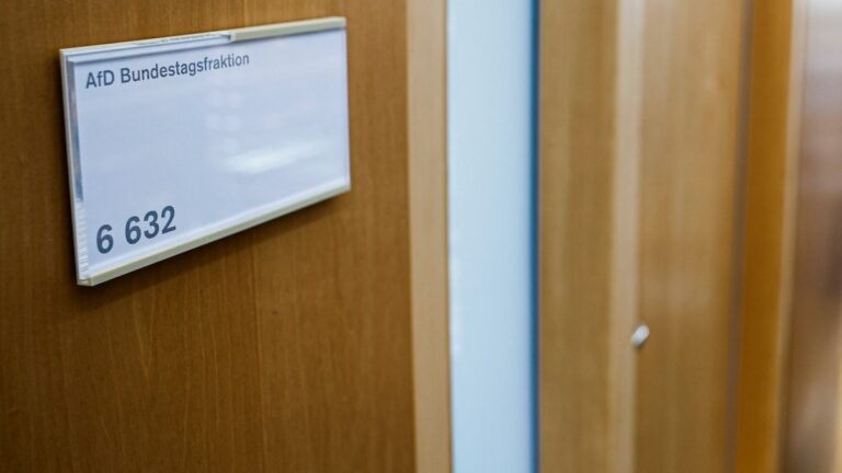 The door sign of an office belonging to the parliamentary group of the Alternative für Deutschland (AfD) party is pictured in Berlin on September 11, 2025.