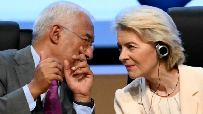 President of the European Council António Costa (L) and President of the European Commission Ursula von der Leyen talk during the signing ceremony of the trade agreement between the European Union and Mercosur, in Asunción, Paraguay on January 17, 2026.