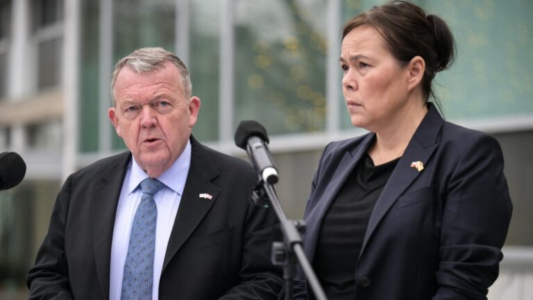 Danish Foreign Minister Lars Løkke Rasmussen and Greenland's Foreign Minister Vivian Motzfeldt speak during a news conference at the Danish Embassy in Washington, D.C., on January 14, 2026.