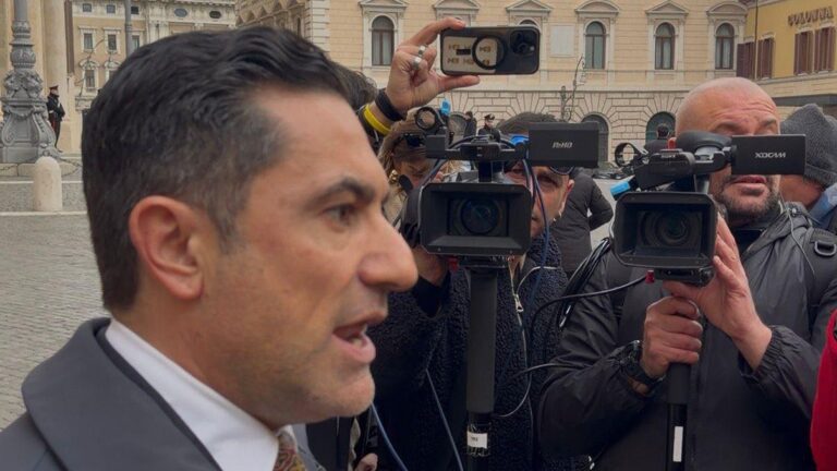 Lega MP Domenica Furgiuele speaks with the press outside the Chamber of Deputies in Rome on January 30, 2026.