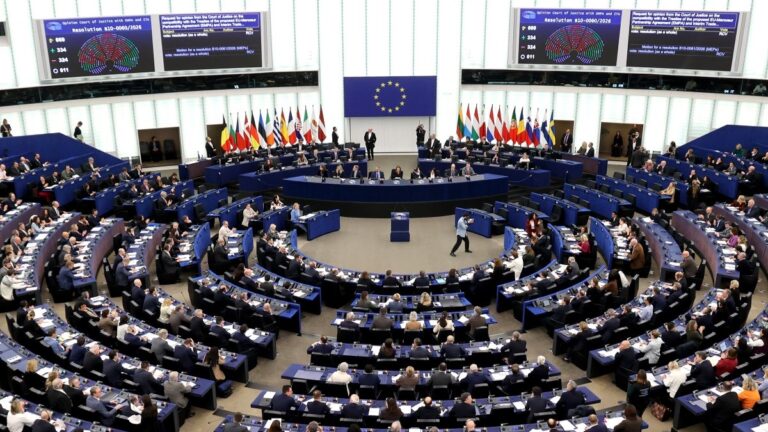 Screens displaying the results of the vote on the legal referral of the Mercosur deal to the EU courts during a voting session at the European Parliament in Strasbourg, on January 21, 2026.