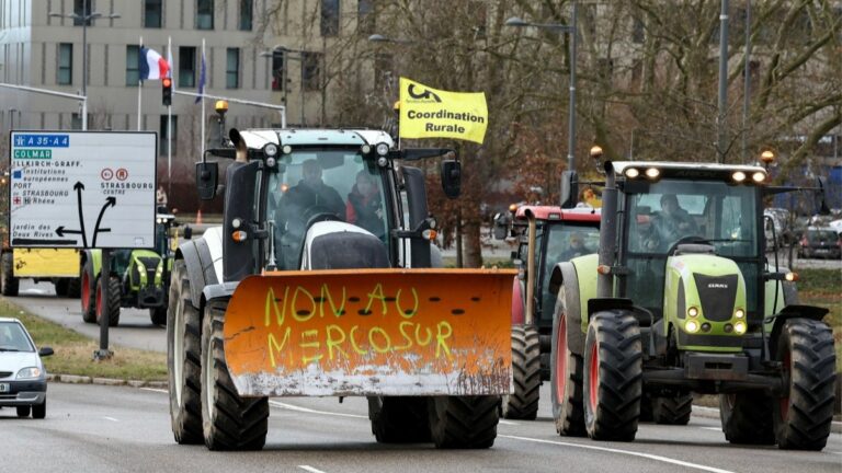Farmers of the Coordination Rurale (CR) farmers union take part in a demonstration with their tractor to push French government to block the Mercosur trade deal and at the Pont de l’Europe in Strasbourg, eastern France on January 9, 2026.