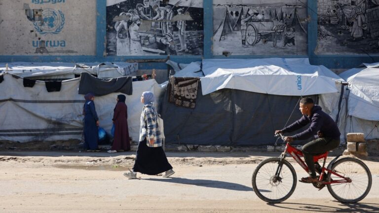 Tents set-up by displaced Palestinian families in the vicinity of the UNRWA headquarters in Gaza City on January 11, 2026.