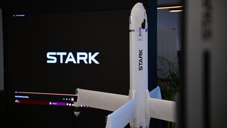 A Virtus strike drone by German tech defence start-up Stark is pictured during an AFP interview on December 10, 2025 at the company’s show room in Berlin.