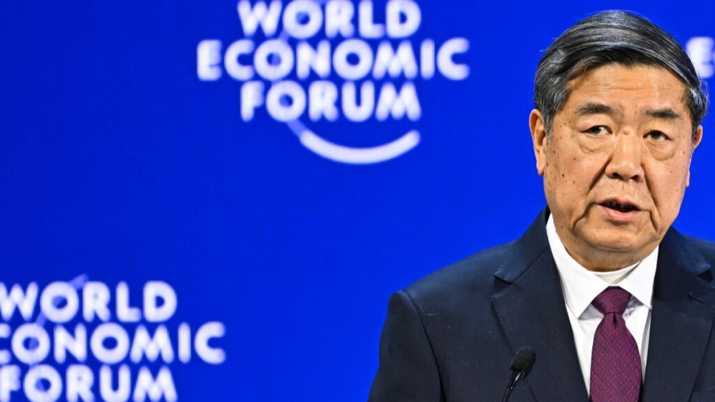 China’s Vice Premier He Lifeng delivers a speech during the World Economic Forum (WEF) annual meeting in Davos on January 20, 2026.