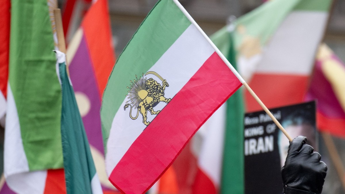 Protesters wave Pahlavi era Iranian flags during a demonstration against the Iranian government at Stephansplatz square in Vienna, Austria on January 11, 2026.