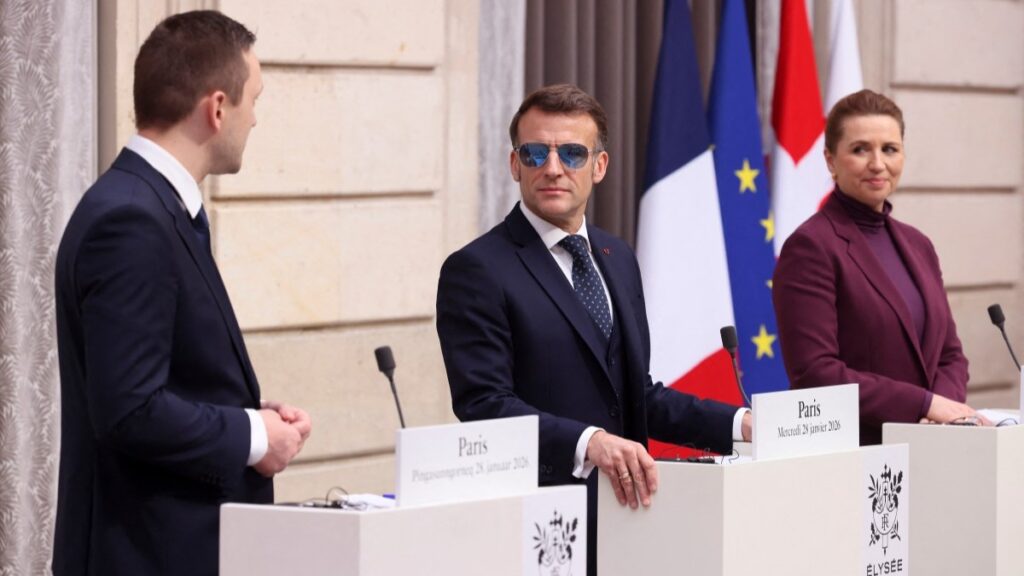 French President Emmanuel Macron (C) Denmark’s Prime Minister Mette Frederiksen (R) and Greenland’s Prime Minister Jens-Frederik Nielsen (L) give a press conference prior to a working lunch at the Élysée Palace in Paris, on January 28, 2026.