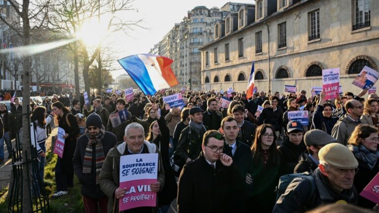 Demonstrators take part in the Marche pour la Vie (‘March for Life’) to protest against France’s bill for the creation of a right to assisted suicide in Paris on January 18, 2026.