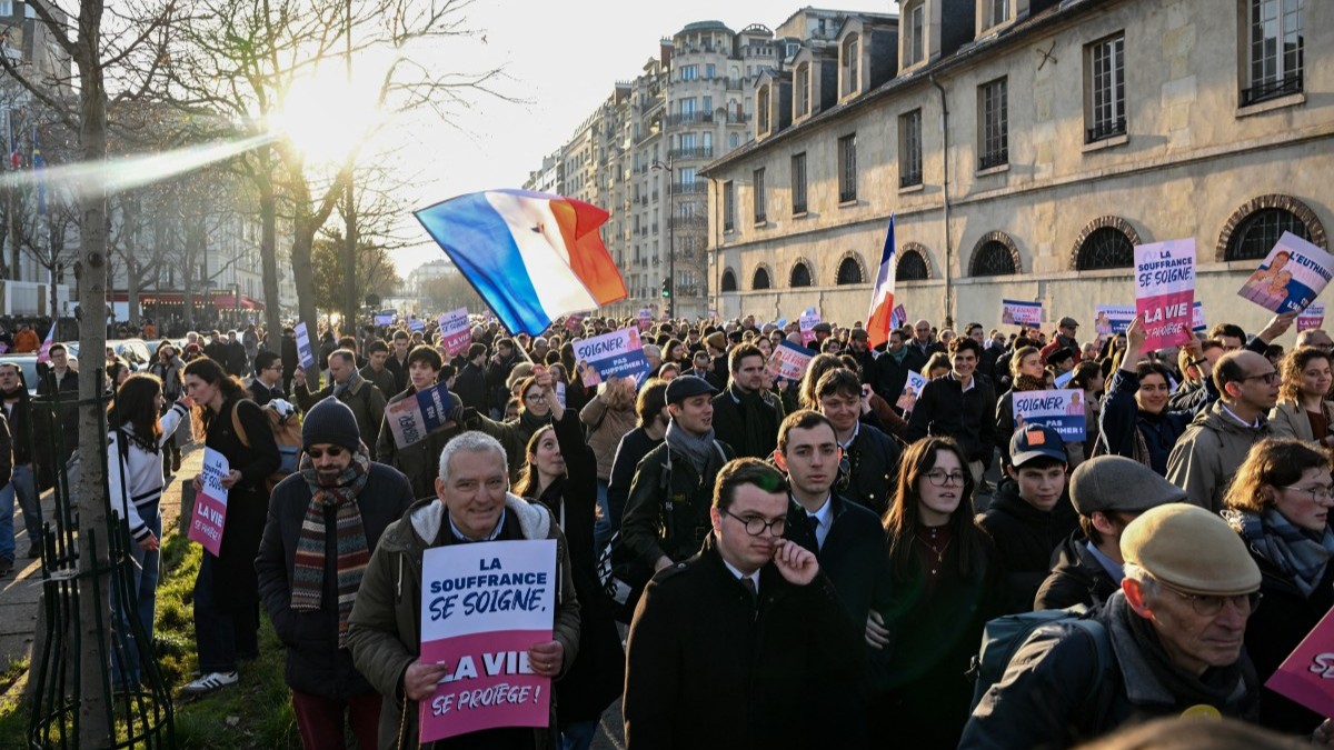 Demonstrators take part in the Marche pour la Vie (‘March for Life’) to protest against France’s bill for the creation of a right to assisted suicide in Paris on January 18, 2026.