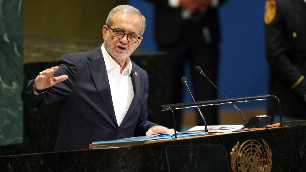 Iran’s President Masoud Pezeshkian speaks during the General Debate of the United Nations General Assembly at the UN headquarters in New York City on September 24, 2025.