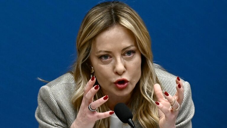 Italy’s Prime Minister Giorgia Meloni addresses journalists during the New Year press conference in Rome on January 9, 2026.