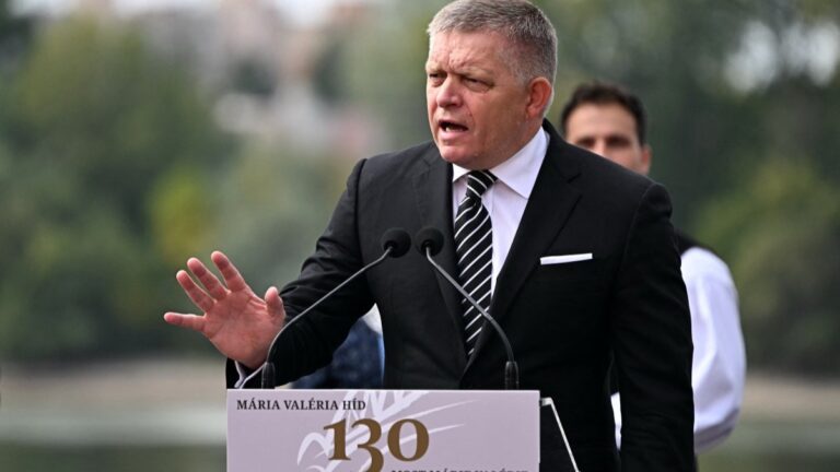 Slovak Prime Minister Robert Fico delivers a speech during a ceremony to celebrate the 130th anniversary of the Maria Valeria Bridge that connects the Slovak town of Štúrovo with Esztergom, Hungary on September 28, 2025.