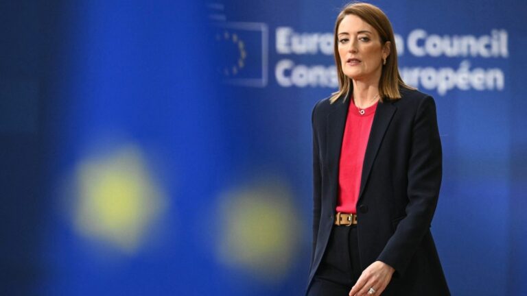European Parliament President Roberta Metsola arrives to attend the European Council meeting in Brussels on December 18, 2025.