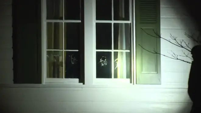 Damaged window at the JD Vance residence in Ohio