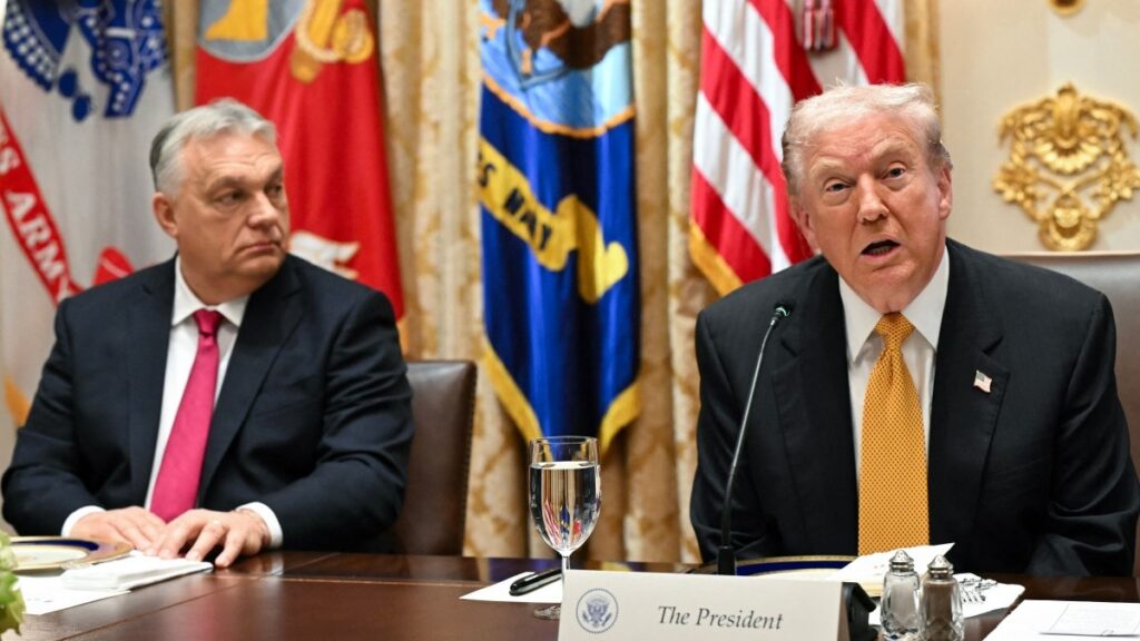 U.S. President Donald Trump (R) speaks during a meeting with Hungarian Prime Minister Viktor Orbán in the Cabinet Room of the White House in Washington, D.C. on November 7, 2025.