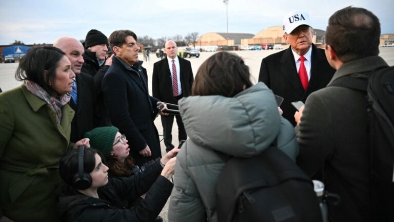 U.S. President Donald Trump speaks to the press upon returning to Joint Base Andrews in Maryland on January 13, 2026.