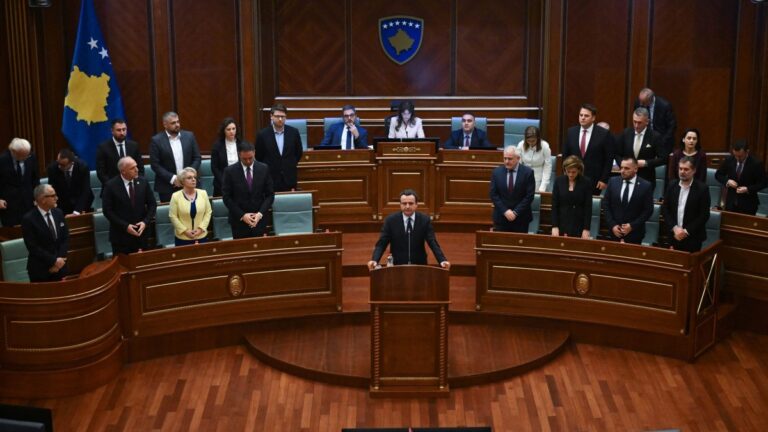 Newly-elected Prime Minister of Kosovo Albin Kurti addresses the parliament on February 11, 2026.