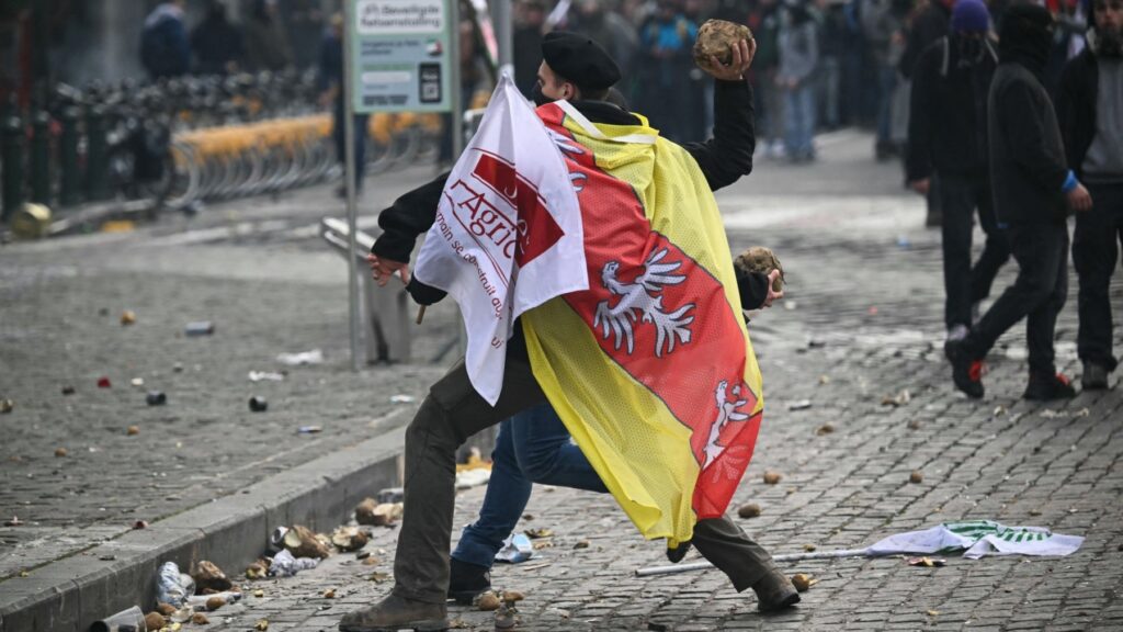 A protestor wearing a Jeunes Agriculteurs (JA, Young Farmers) flag throws a vegetable near the European Parliament during a farmers’ protest against the Mercosur agreement, in Brussels on December 18, 2025.