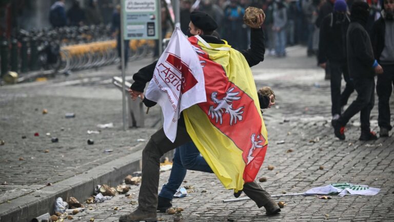 A protestor wearing a Jeunes Agriculteurs (JA, Young Farmers) flag throws a vegetable near the European Parliament during a farmers’ protest against the Mercosur agreement, in Brussels on December 18, 2025.