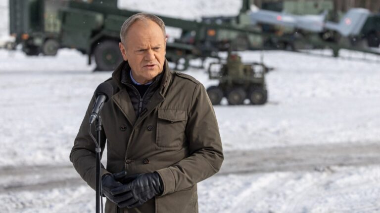 Poland’s Prime Minister Donald Tusk speaks to the press after watching an open test of unmanned weapon systems at the Military Institute of Armament Technology training ground in Zielonka on February 19, 2026.