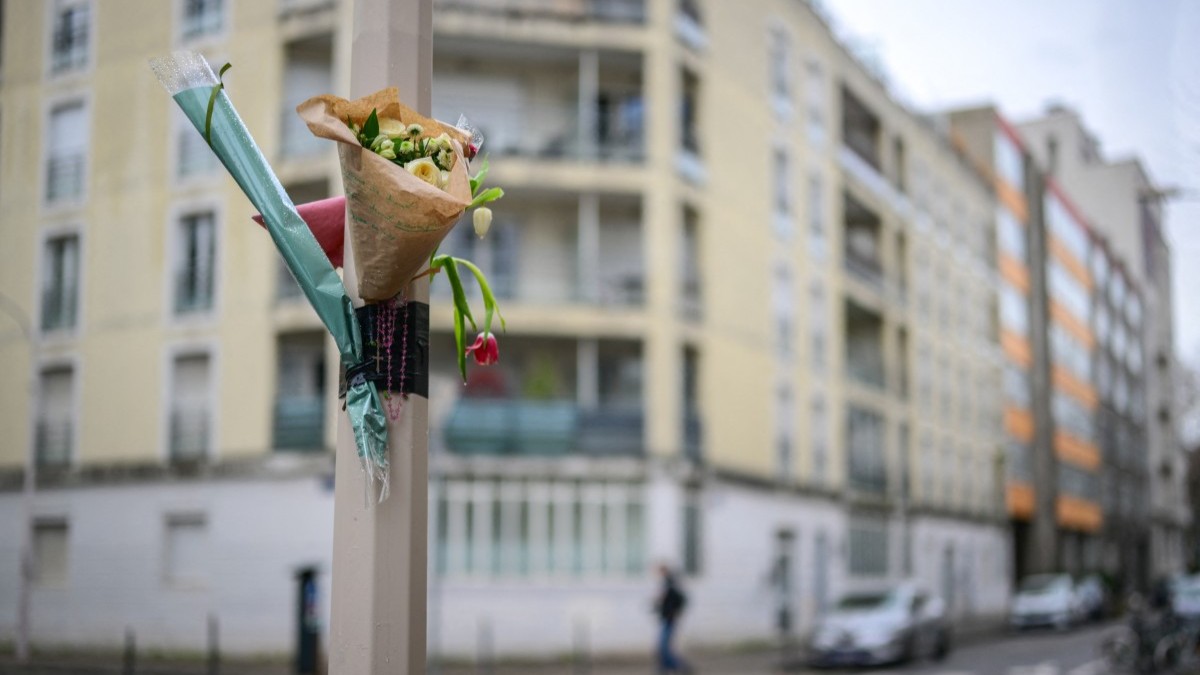 A bouquet of flowers seen at the site where French patriotic activist Quentin Deranque was murdered by an Antifa mob, in Lyon, on February 16, 2026