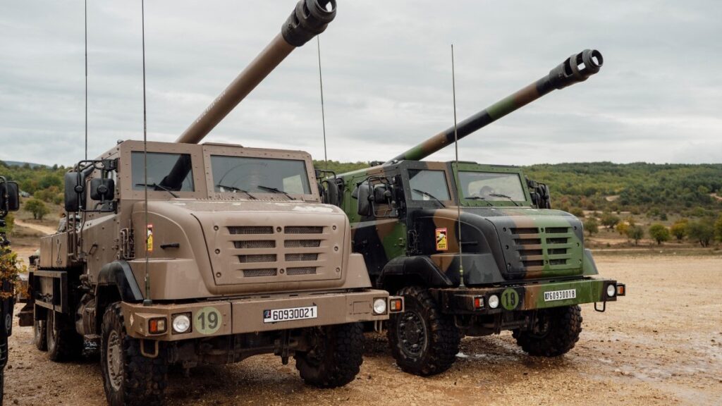 CAESAR vehicles with self-propelled howitzers at an artillery demonstration day at the French Army camp of Canjuers, south-eastern France, on October 20, 2025.