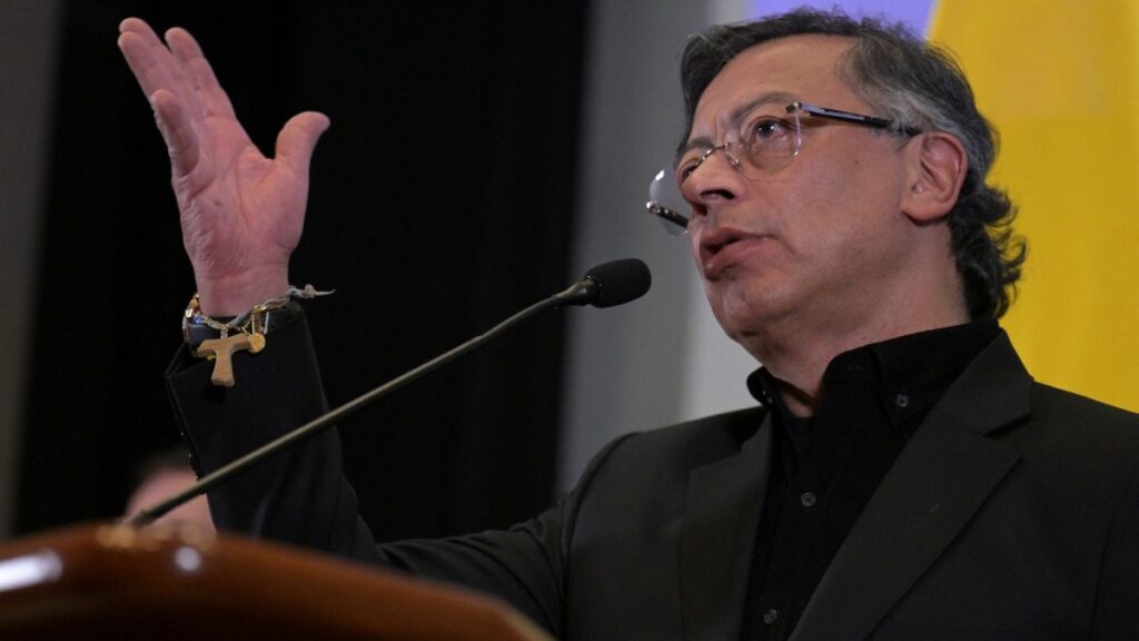 Colombian President Gustavo Petro speaks during a press conference at the Colombian Embassy in Washington, D.C., on February 3, 2026.