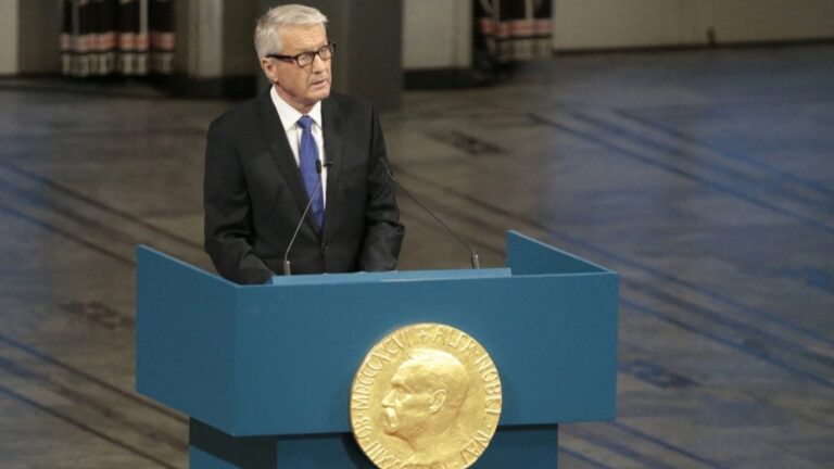 Thorbjørn Jagland, Chairman of the Norwegian Nobel Committee delivers his speech at the start of the Nobel Peace Prize award ceremony at the Oslo City Hall on December 10, 2013.