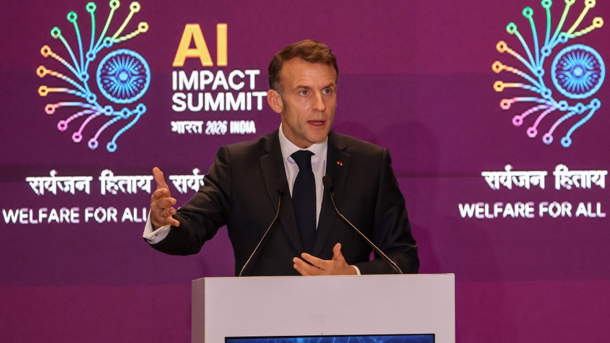 France’s President Emmanuel Macron delivers a speech during the AI Impact Summit in New Delhi on February 19, 2026.