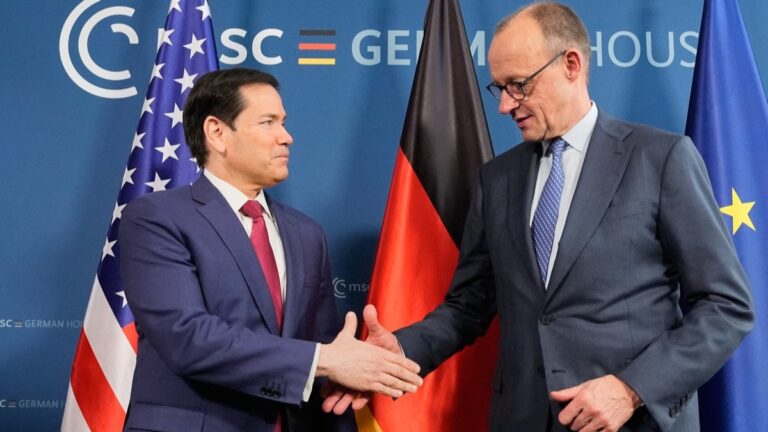 German Chancellor Friedrich Merz (R) and U.S. Secretary of State Marco Rubio shake hands during a bilateral meeting on the sidelines of the Munich Security Conference (MSC) in Munich, Germany, February 13, 2026.