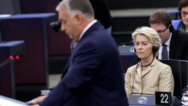 European Commission President Ursula von der Leyen listens to Hungary’s Prime Minister Viktor Orbán speaking during the presentation of the programme for Hungary’s rotating Council Presidency at the European Parliament in Strasbourg on October 9, 2024.