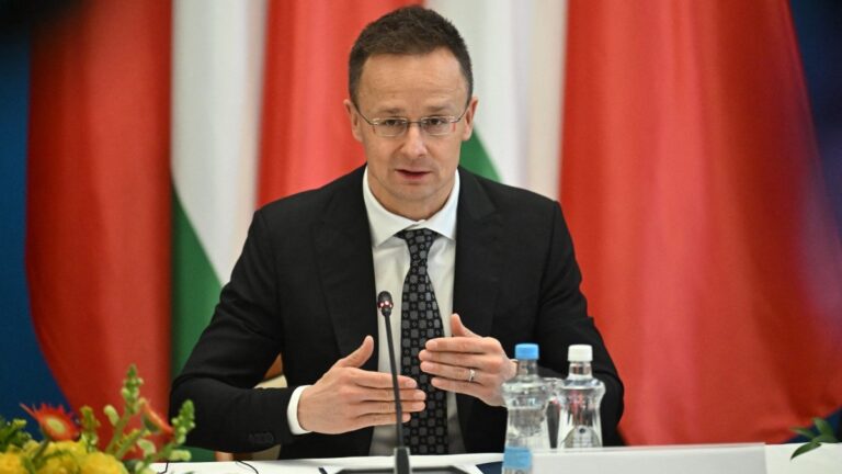 Hungary’a Foreign Minister Péter Szijjártó speaks during a joint press conference with Chinese Foreign Minister Wang Yi (not pictured) in Budapest, Hungary, on February 11, 2026.