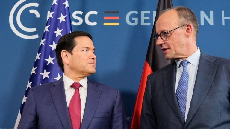 German Chancellor Friedrich Merz (R) and U.S. Secretary of State Marco Rubio before a bilateral meeting on the sidelines of the Munich Security Conference (MSC) in Munich, Germany, on February 13, 2026.