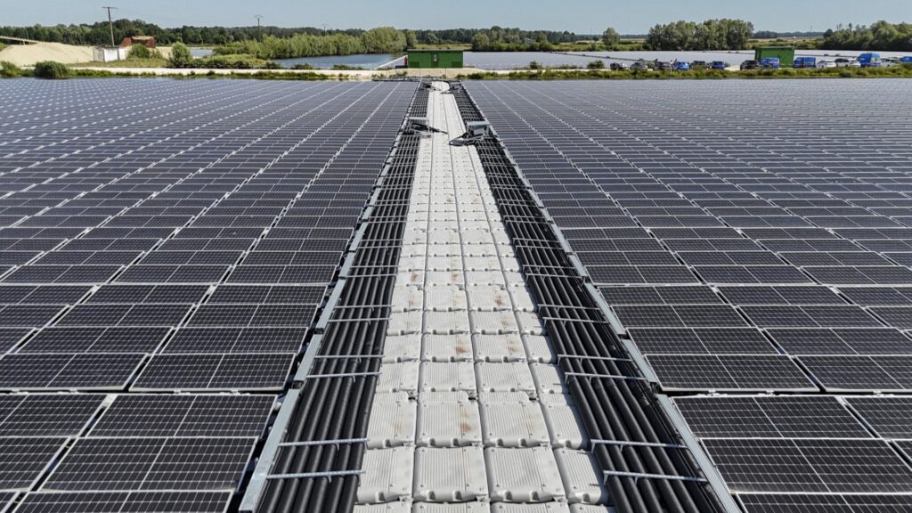 Solar panels displayed at Europe’s largest floating solar power farm (Les Ilots Blandin) belonging to Q Energy in Perthes, north-eastern France on June 20, 2025.