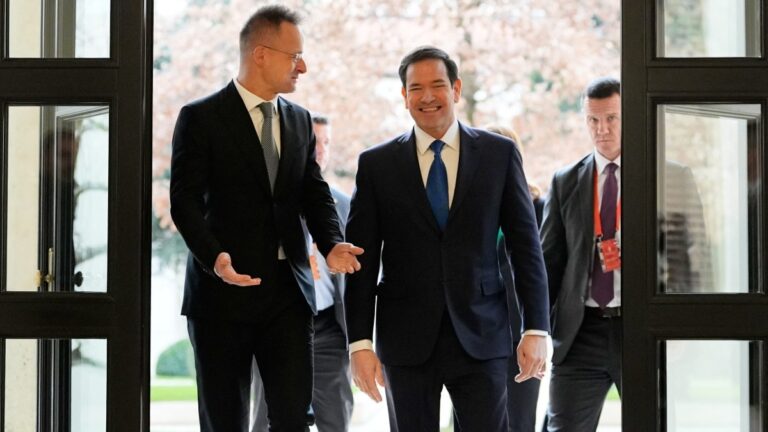 Hungary’s Foreign Minister Péter Szijjártó (L) with U.S. Secretary of State Marco Rubio in Budapest on February 16, 2026