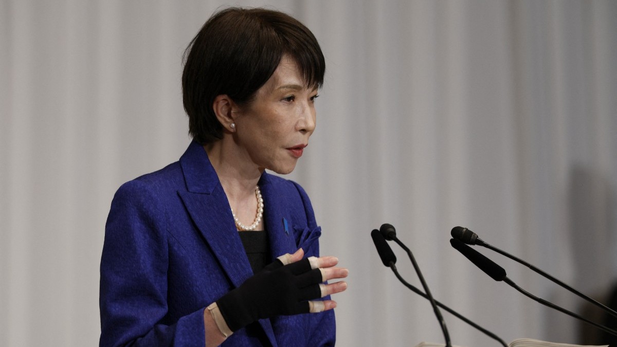 Japan’s Prime Minister Sanae Takaichi, leader of the ruling Liberal Democratic Party (LDP), speaks during a press conference at the LDP headquarters in Tokyo on February 9, 2026.